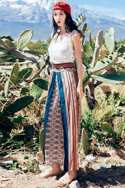 Bohemian High-Waisted Wide-Leg Beach Pants - Chiffon Printed Ethnic Style for Seaside Travel, Thailand Vibes