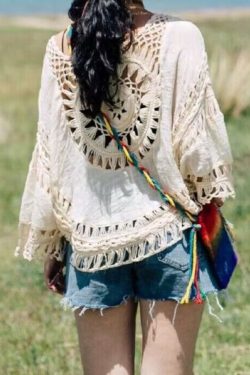 Bohemian Lightweight Sun Protection Top with Hollow Crochet Design for Women - Perfect Vacation Beachwear