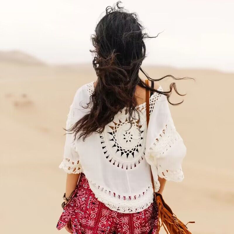 Bohemian Lightweight Sun Protection Top with Hollow Crochet Design for Women - Perfect Vacation Beachwear Bohemian Lightweight Sun Protection Top with Hollow Crochet Design for Women - Perfect Vacation Beachwear