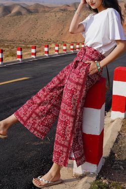 Bohemian Thai Beach Pants for Women, Summer Ethnic Travel Split Wide-Leg Trousers, Vacation Printed Wide-Leg Pants