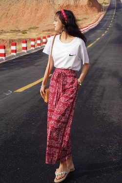 Bohemian Thai Beach Pants for Women, Summer Ethnic Travel Split Wide-Leg Trousers, Vacation Printed Wide-Leg Pants