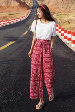 Bohemian Thai Beach Pants for Women, Summer Ethnic Travel Split Wide-Leg Trousers, Vacation Printed Wide-Leg Pants