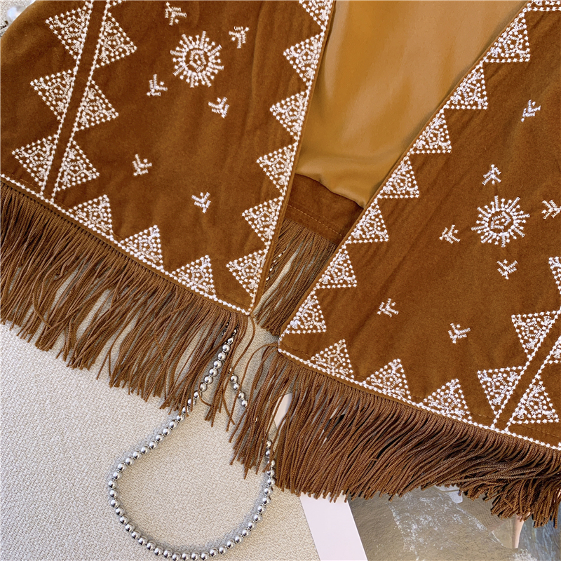 Bohemian Western Cowboy Brown Suede Embroidered Vest - Versatile Short Outer Cardigan Jacket for Y2K and Ethnic Style Bohemian Western Cowboy Brown Suede Embroidered Vest - Versatile Short Outer Cardigan Jacket for Y2K and Ethnic Style