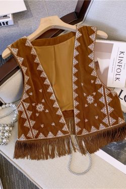 Bohemian Western Cowboy Brown Suede Embroidered Vest - Versatile Short Outer Cardigan Jacket for Y2K and Ethnic Style