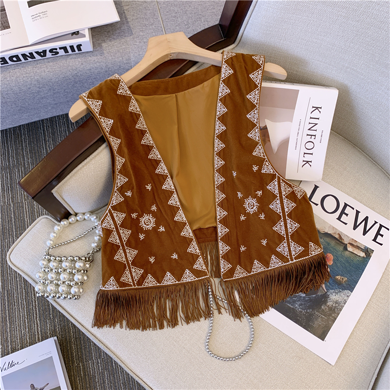 Bohemian Western Cowboy Brown Suede Embroidered Vest - Versatile Short Outer Cardigan Jacket for Y2K and Ethnic Style Bohemian Western Cowboy Brown Suede Embroidered Vest - Versatile Short Outer Cardigan Jacket for Y2K and Ethnic Style