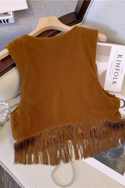 Bohemian Western Cowboy Brown Suede Embroidered Vest - Versatile Short Outer Cardigan Jacket for Y2K and Ethnic Style