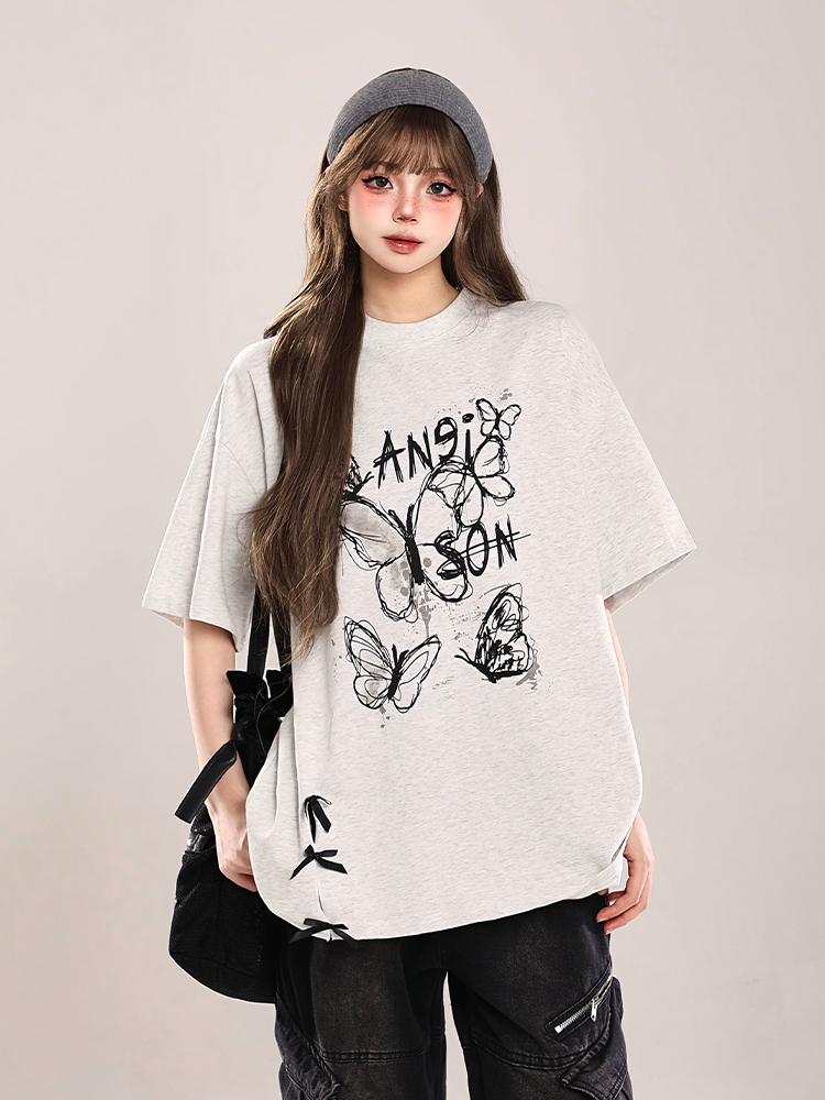 Bow Print Short-Sleeve T-Shirt for Women - Summer 2025 Loose Fit Lazy Style Top Bow Print Short-Sleeve T-Shirt for Women - Summer 2025 Loose Fit Lazy Style Top