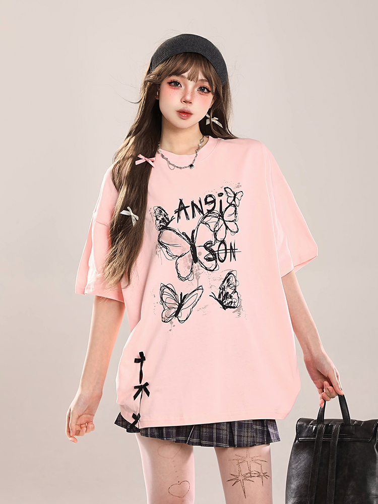 Bow Print Short-Sleeve T-Shirt for Women - Summer 2025 Loose Fit Lazy Style Top Bow Print Short-Sleeve T-Shirt for Women - Summer 2025 Loose Fit Lazy Style Top
