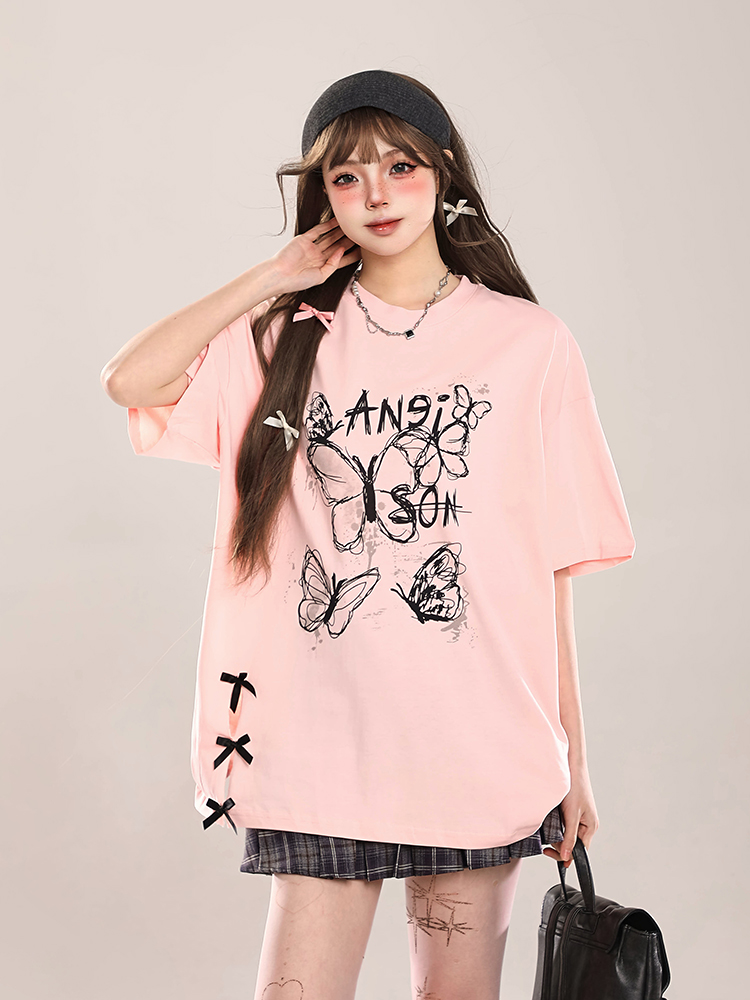 Bow Print Short-Sleeve T-Shirt for Women - Summer 2025 Loose Fit Lazy Style Top Bow Print Short-Sleeve T-Shirt for Women - Summer 2025 Loose Fit Lazy Style Top