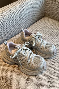 Breathable Genuine Leather Mesh Thick-Soled Dad Shoes for Women - Height-Increasing Casual Sports Shoes for Spring 2025