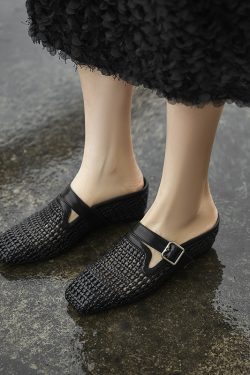 Breathable Open-Toe Woven Mule Shoes with Belt Buckle - Italian Vacation Style Outdoor Slippers for Women