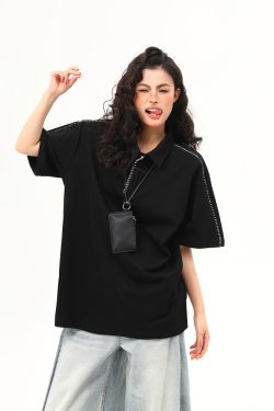 Bright Line Camo Design Retro Short Sleeve T-Shirt, Unisex Polo Collar, Heavyweight Style, 90s American Fashion