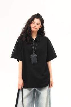 Bright Line Camo Design Retro Short Sleeve T-Shirt, Unisex Polo Collar, Heavyweight Style, 90s American Fashion