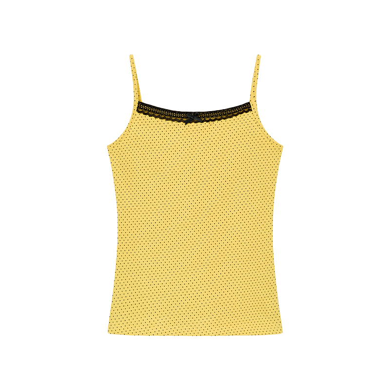 Bright Yellow Polka Dot Black Lace Trim Camisole - Summer Casual Women's Tank Top, Perfect for Y2K and Playful Styles Bright Yellow Polka Dot Black Lace Trim Camisole - Summer Casual Women's Tank Top, Perfect for Y2K and Playful Styles