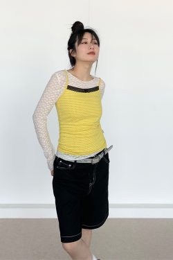 Bright Yellow Polka Dot Black Lace Trim Camisole - Summer Casual Women's Tank Top, Perfect for Y2K and Playful Styles