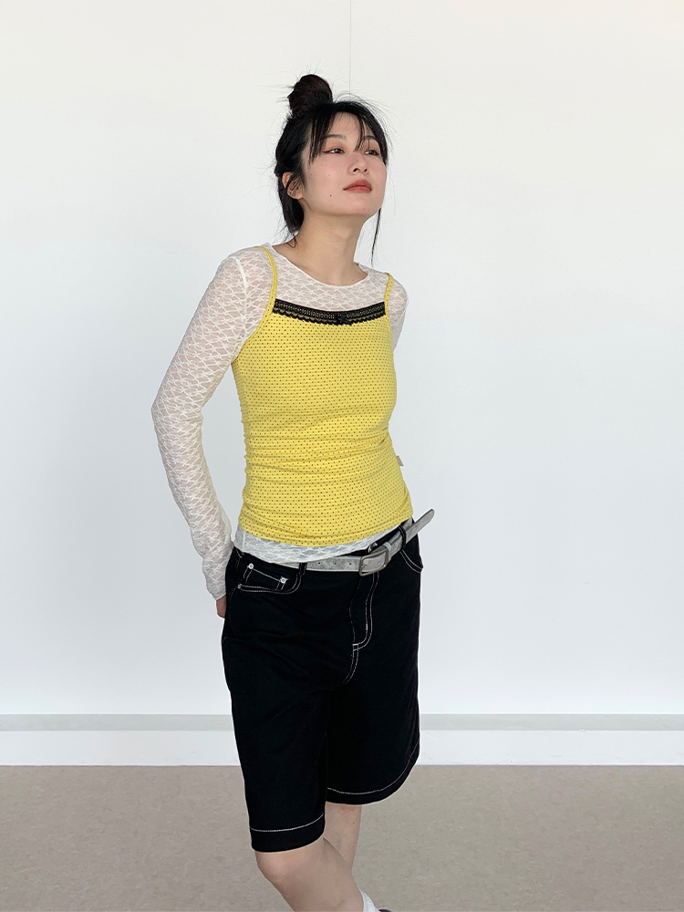 Bright Yellow Polka Dot Black Lace Trim Camisole - Summer Casual Women's Tank Top, Perfect for Y2K and Playful Styles Bright Yellow Polka Dot Black Lace Trim Camisole - Summer Casual Women's Tank Top, Perfect for Y2K and Playful Styles