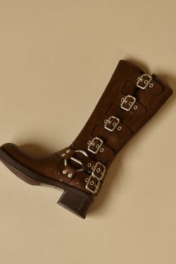 Brown Genuine Leather Buckle Long Boots for Women - Autumn Winter High Cowboy Boots, Western Style Footwear