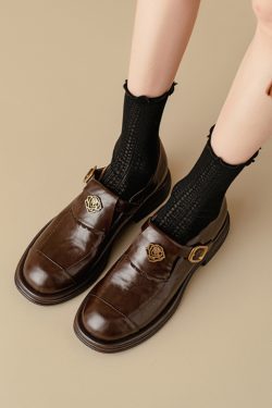 Brown Genuine Leather Camellia Flat Loafers for Women - 2025 British Style Summer Shoes