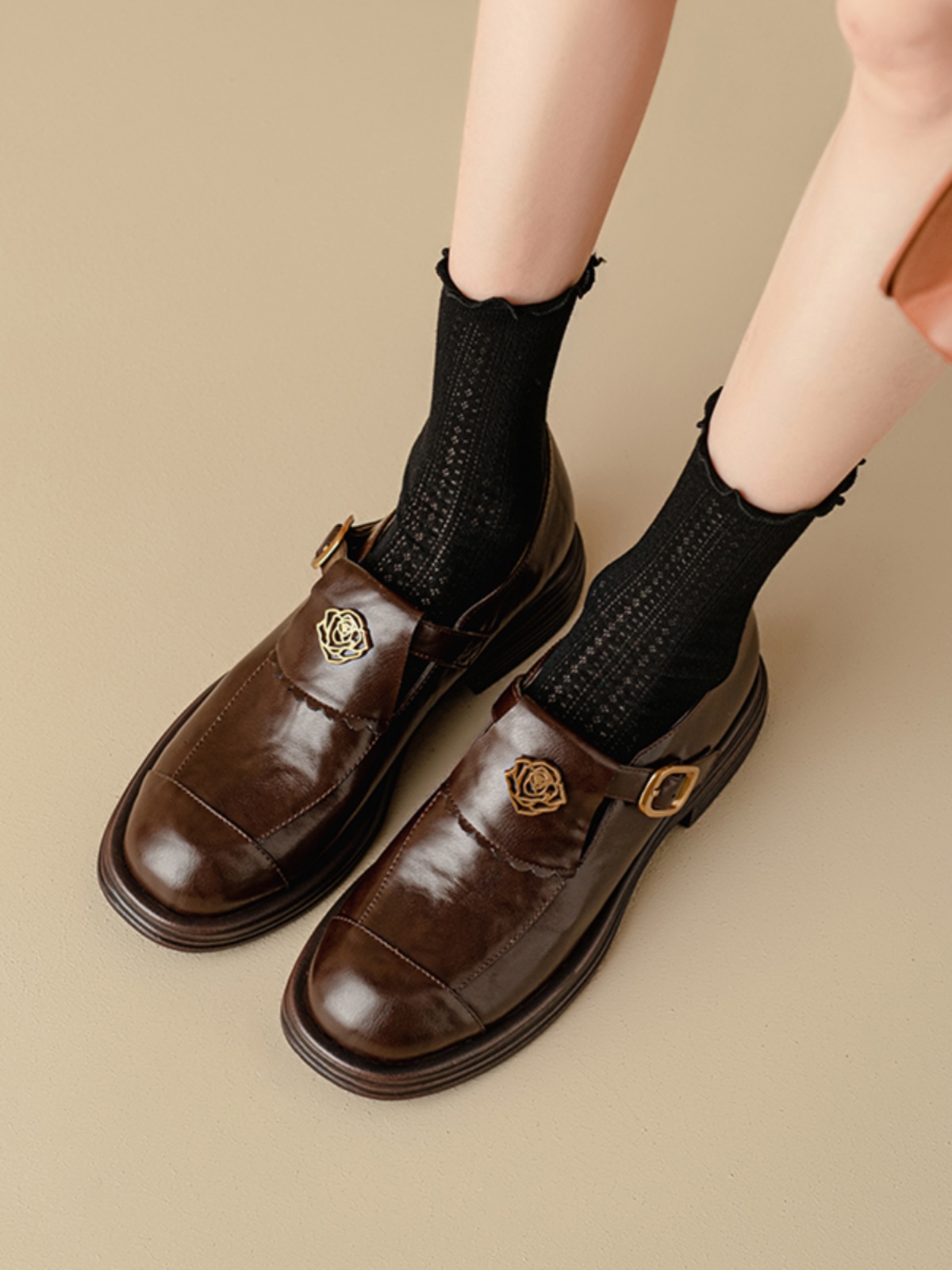 Brown Genuine Leather Camellia Flat Loafers for Women - 2025 British Style Summer Shoes Brown Genuine Leather Camellia Flat Loafers for Women - 2025 British Style Summer Shoes