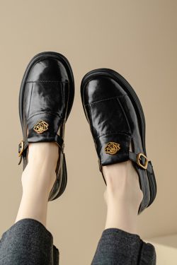 Brown Genuine Leather Camellia Flat Loafers for Women - 2025 British Style Summer Shoes