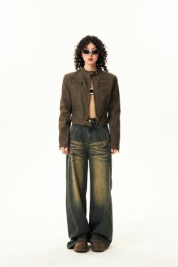 Brown Leather Motorcycle Jacket for Women – Sexy Slim Fit, American Retro Style, Autumn Trend, Short Design