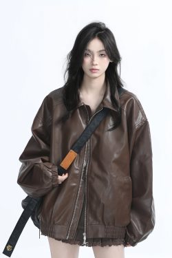 Brown Motorcycle PU Leather Jacket for Women - Vintage American Retro Style, Loose Fit, Autumn Fashion, Trendy Outerwear