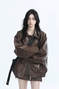 Brown Motorcycle PU Leather Jacket for Women - Vintage American Retro Style, Loose Fit, Autumn Fashion, Trendy Outerwear