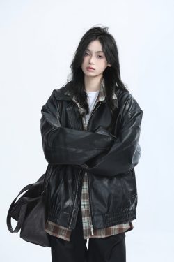 Brown Motorcycle PU Leather Jacket for Women - Vintage American Retro Style, Loose Fit, Autumn Fashion, Trendy Outerwear