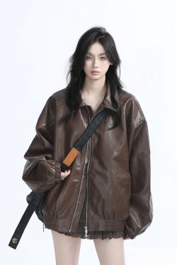 Brown Motorcycle PU Leather Jacket for Women - Vintage American Retro Style, Loose Fit, Autumn Fashion, Trendy Outerwear