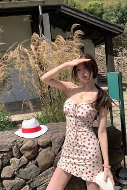 Brown Rose Floral Spaghetti Strap Dress - Summer Sweetheart Waist-Defining Slim Skirt for Y2K and 90s Fashion