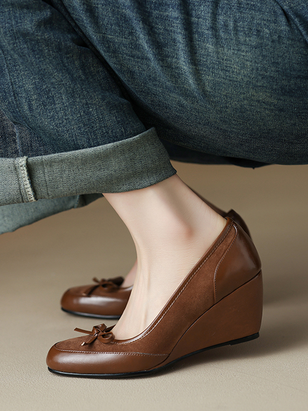 Brown Suede Bow Wedge Heels for Women - Spring Summer 2025 Elegant Cutout Design, Y2K Inspired Fashion Brown Suede Bow Wedge Heels for Women - Spring Summer 2025 Elegant Cutout Design, Y2K Inspired Fashion