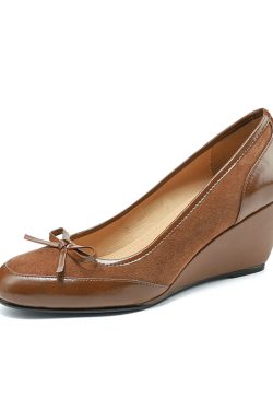 Brown Suede Bow Wedge Heels for Women - Spring Summer 2025 Elegant Cutout Design, Y2K Inspired Fashion