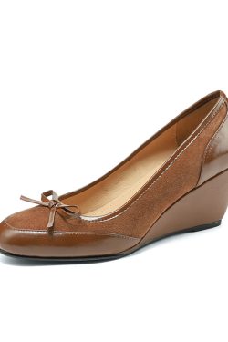 Brown Suede Bow Wedge Heels for Women - Spring Summer 2025 Elegant Cutout Design, Y2K Inspired Fashion