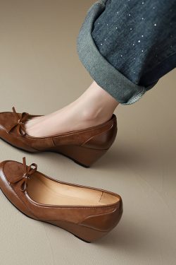 Brown Suede Bow Wedge Heels for Women - Spring Summer 2025 Elegant Cutout Design, Y2K Inspired Fashion