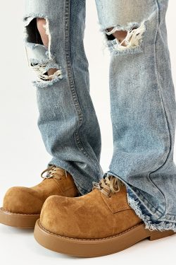 Brown Suede Derby Shoes for Men and Women - Low-Top Thick-Soled Height-Increasing Mickey Style Boots