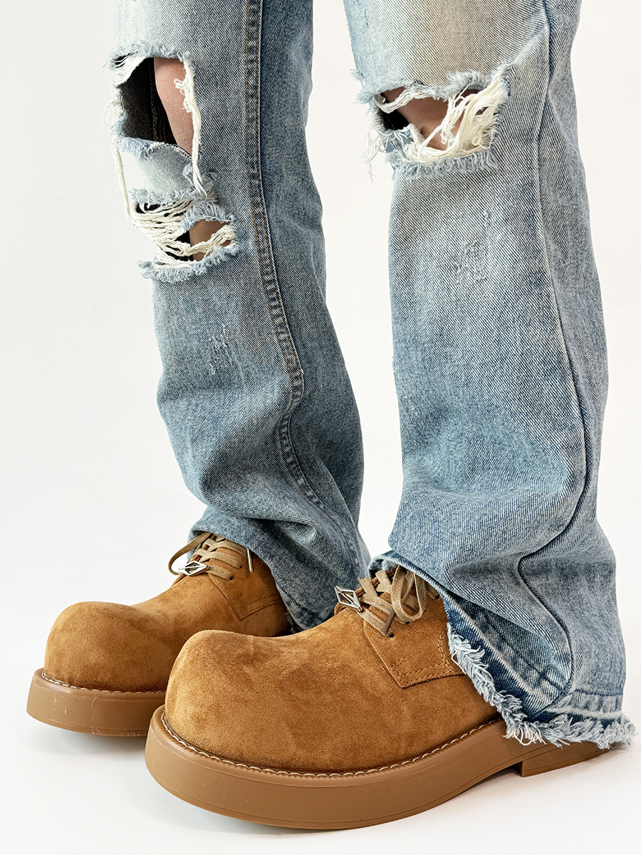 Brown Suede Derby Shoes for Men and Women - Low-Top Thick-Soled Height-Increasing Mickey Style Boots Brown Suede Derby Shoes for Men and Women - Low-Top Thick-Soled Height-Increasing Mickey Style Boots