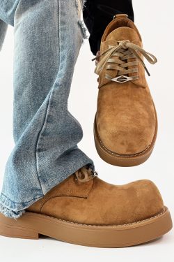 Brown Suede Derby Shoes for Men and Women - Low-Top Thick-Soled Height-Increasing Mickey Style Boots