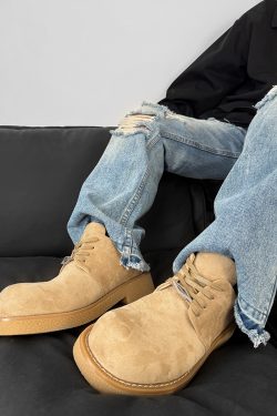 Brown Suede Thick-Soled Mickey Derby Shoes for Men, Height-Increasing Round-Toe Low-Top American Style Trendy Boots