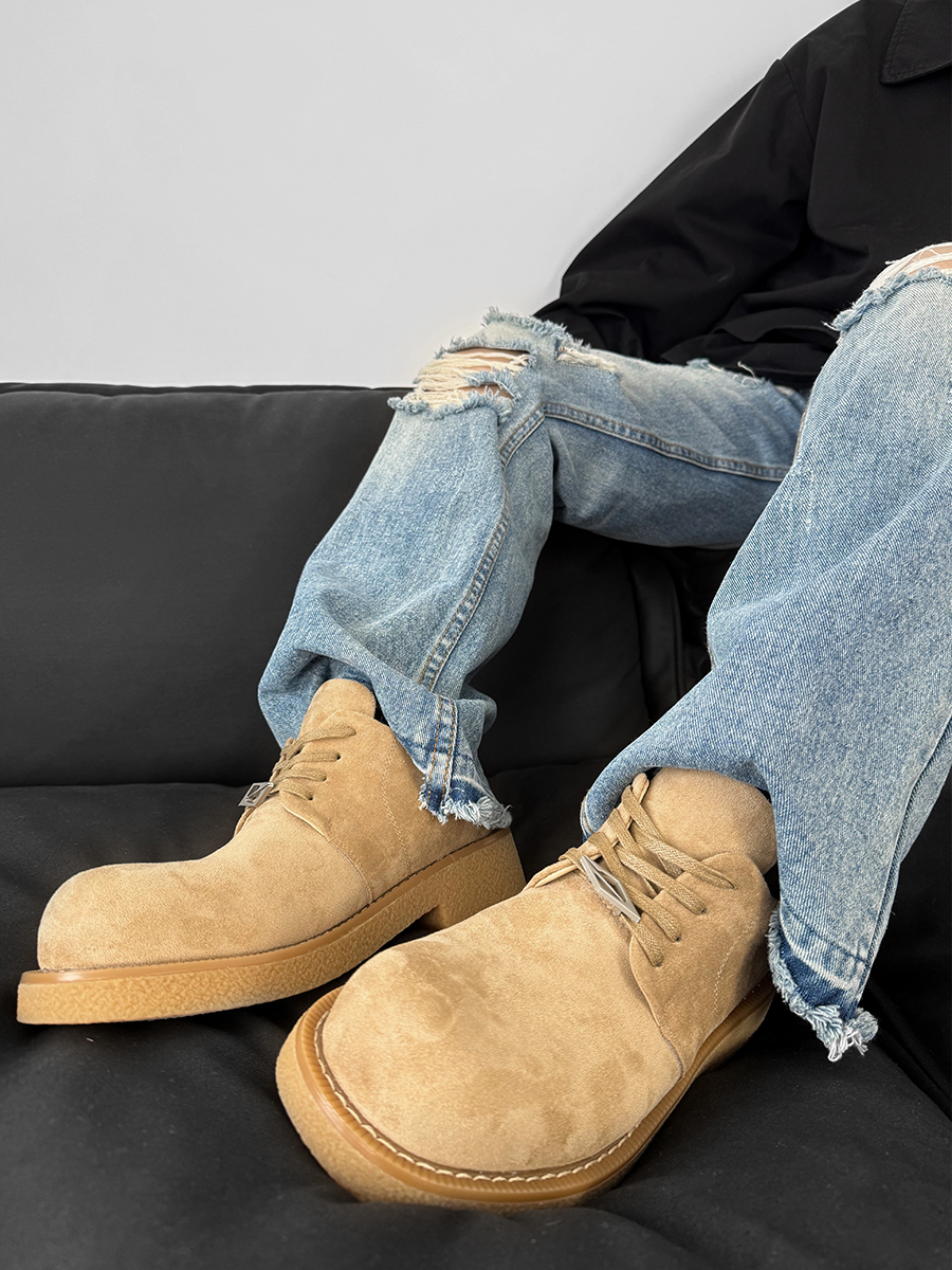 Brown Suede Thick-Soled Mickey Derby Shoes for Men, Height-Increasing Round-Toe Low-Top American Style Trendy Boots Brown Suede Thick-Soled Mickey Derby Shoes for Men, Height-Increasing Round-Toe Low-Top American Style Trendy Boots