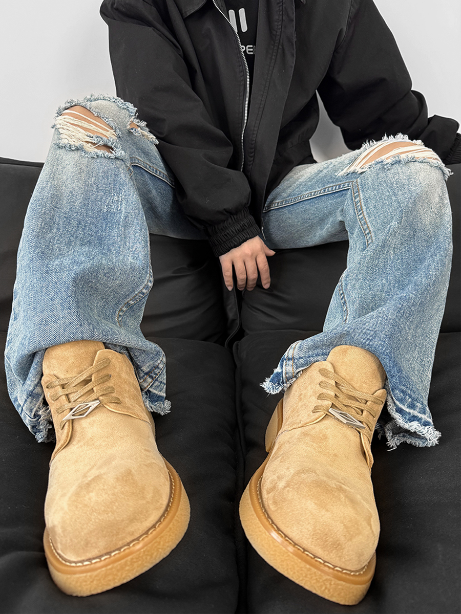 Brown Suede Thick-Soled Mickey Derby Shoes for Men, Height-Increasing Round-Toe Low-Top American Style Trendy Boots Brown Suede Thick-Soled Mickey Derby Shoes for Men, Height-Increasing Round-Toe Low-Top American Style Trendy Boots