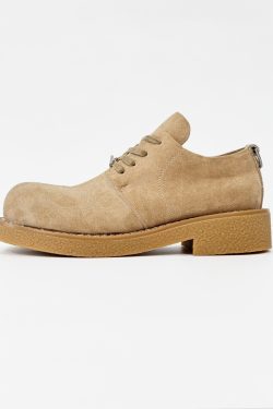 Brown Suede Thick-Soled Mickey Derby Shoes for Men, Height-Increasing Round-Toe Low-Top American Style Trendy Boots