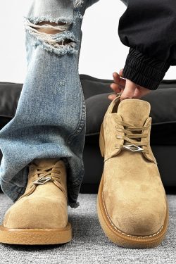 Brown Suede Thick-Soled Mickey Derby Shoes for Men, Height-Increasing Round-Toe Low-Top American Style Trendy Boots