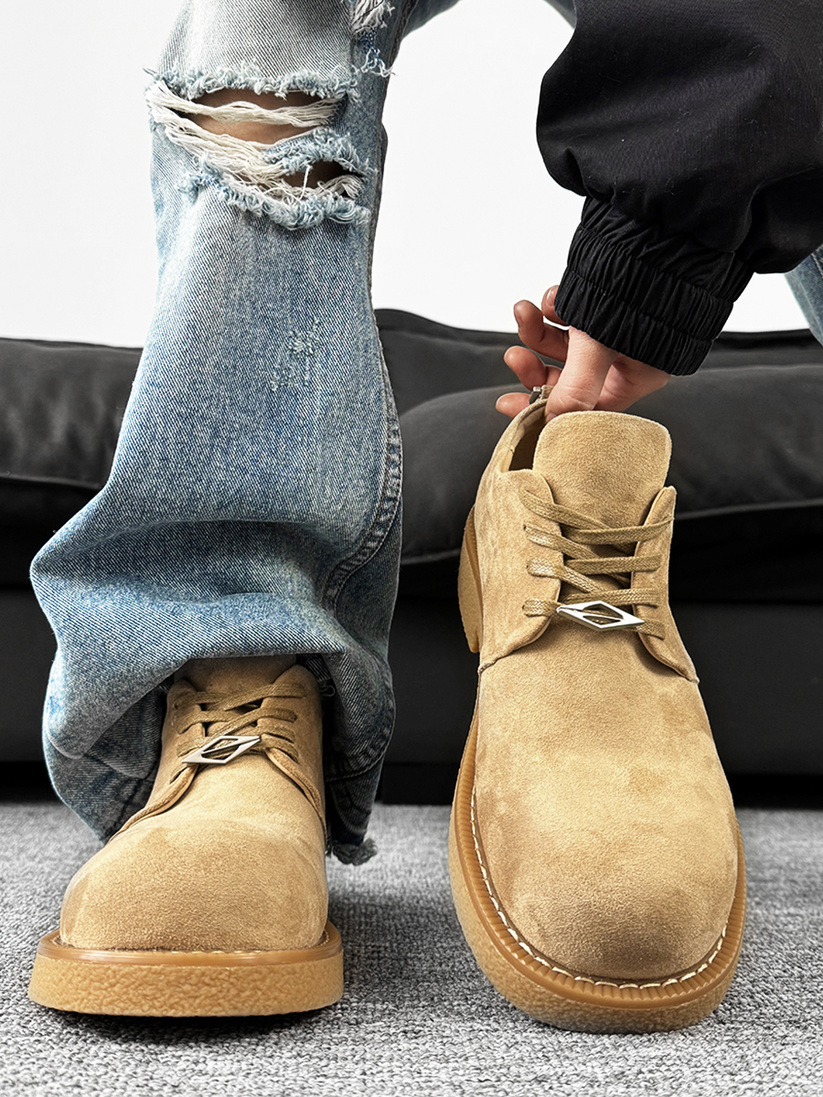 Brown Suede Thick-Soled Mickey Derby Shoes for Men, Height-Increasing Round-Toe Low-Top American Style Trendy Boots Brown Suede Thick-Soled Mickey Derby Shoes for Men, Height-Increasing Round-Toe Low-Top American Style Trendy Boots