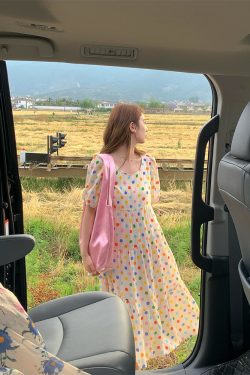 Bubble Neon Polka Dot Linen Dress for Women - Summer Puff Sleeve Long Skirt, Vintage Style Dopamine Outfit