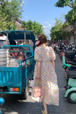 Bubble Neon Polka Dot Linen Dress for Women - Summer Puff Sleeve Long Skirt, Vintage Style Dopamine Outfit