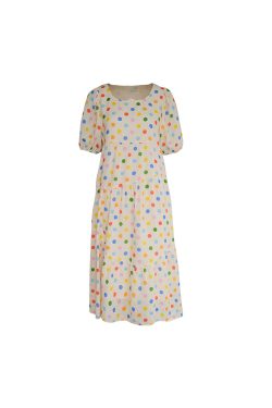 Bubble Neon Polka Dot Linen Dress for Women - Summer Puff Sleeve Long Skirt, Vintage Style Dopamine Outfit