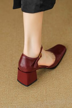 Burgundy Sheepskin High Heeled Chunky Heel Sandals for Women - Square Toe Hollow One-Strap Closed-Toe Style for Summer 2025