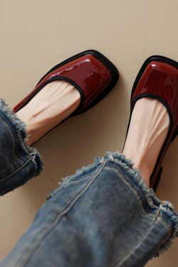 Burgundy Square-Toe Low-Heeled Loafers for Women - Stylish Leather Mid-Heel Shoes, Size 41, Perfect for Casual or Office Wear