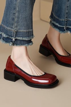 Burgundy Square-Toe Low-Heeled Loafers for Women - Stylish Leather Mid-Heel Shoes, Size 41, Perfect for Casual or Office Wear