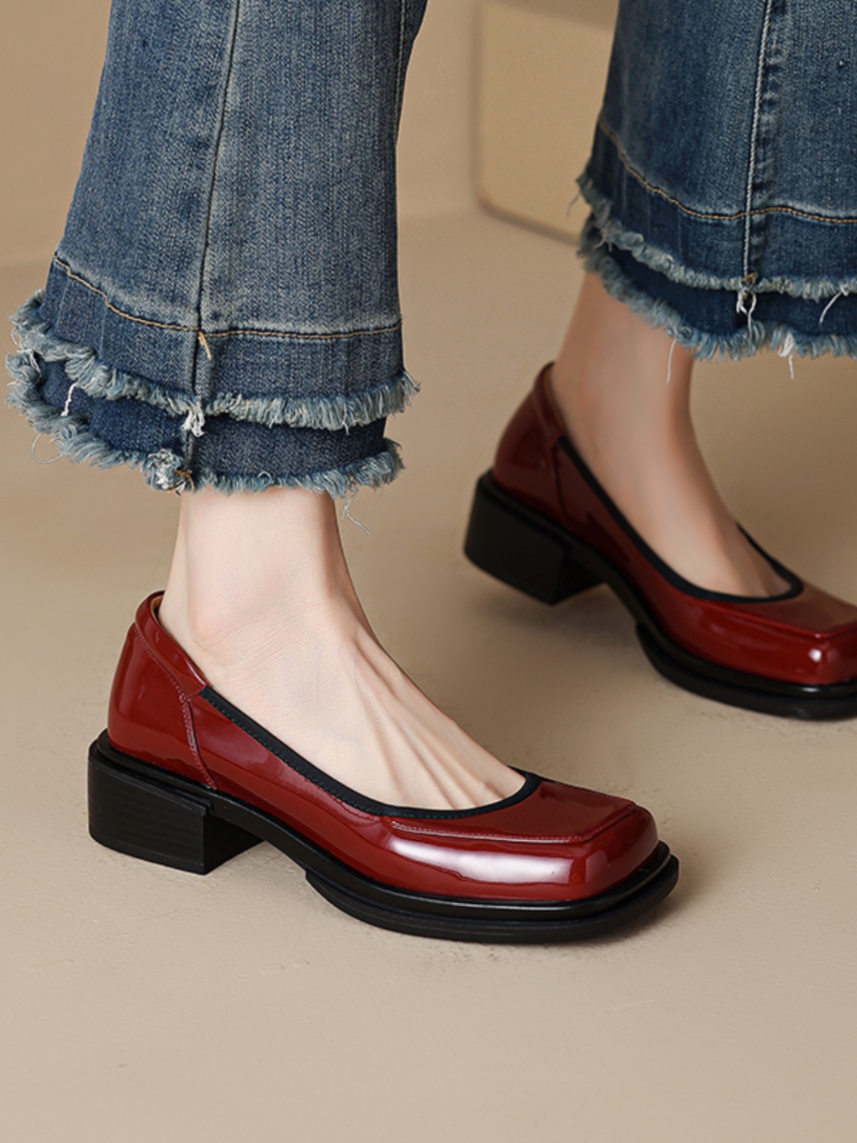 Burgundy Square-Toe Low-Heeled Loafers for Women - Stylish Leather Mid-Heel Shoes, Size 41, Perfect for Casual or Office Wear Burgundy Square-Toe Low-Heeled Loafers for Women - Stylish Leather Mid-Heel Shoes, Size 41, Perfect for Casual or Office Wear